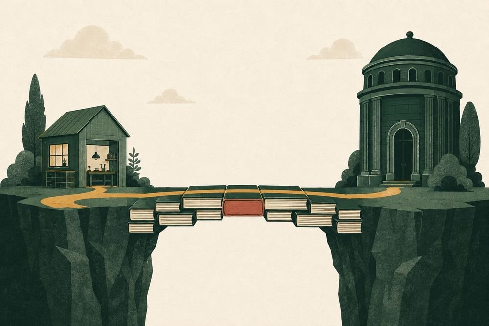 Flat illustration of a bridge built from stacked ledger books, linking a small workshop to a bank across a chasm.