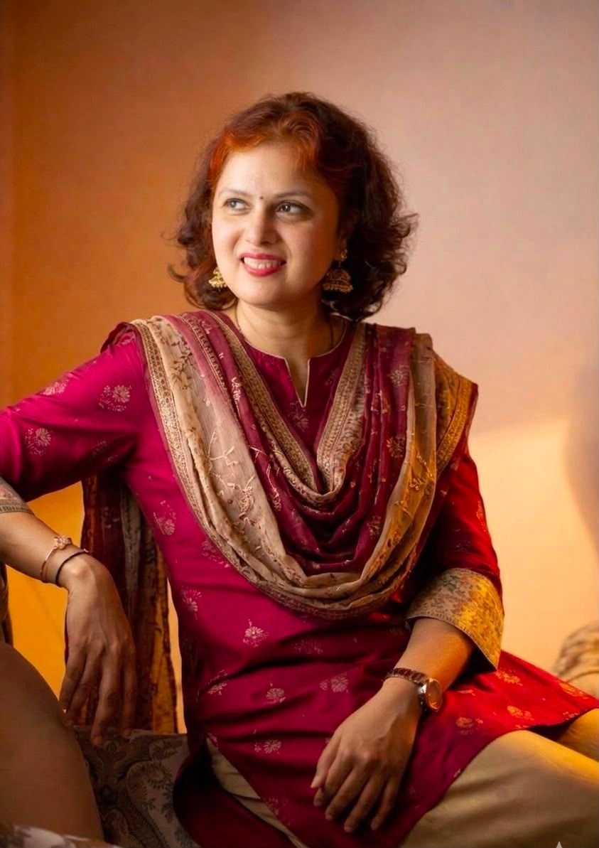 Pallavi Salgaocar, portrait in a crimson sari.